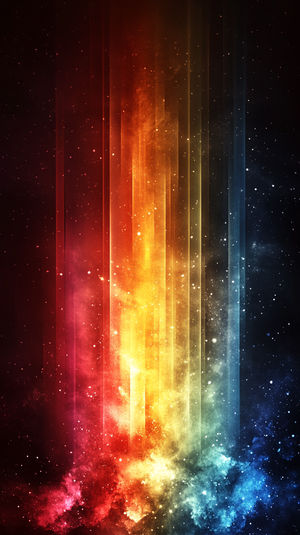 Abstract cosmic nebula with vertical light beams in red, yellow, and blue hues against a dark starry background.