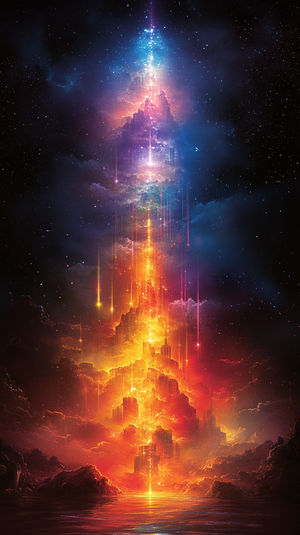 A towering cosmic spire of glowing orange, pink, and blue light rising from rocky terrain into a star-filled nebula sky.