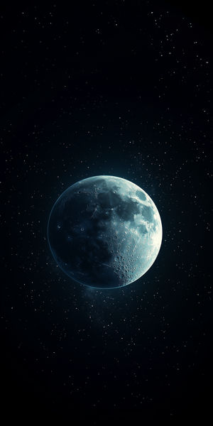A high-resolution view of the moonβs cratered surface glowing blue against a dark starry space backdrop.