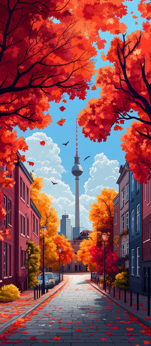 Cobblestone city street in autumn with red and orange leaves, lamp posts, parked cars, and Berlin TV Tower rising above