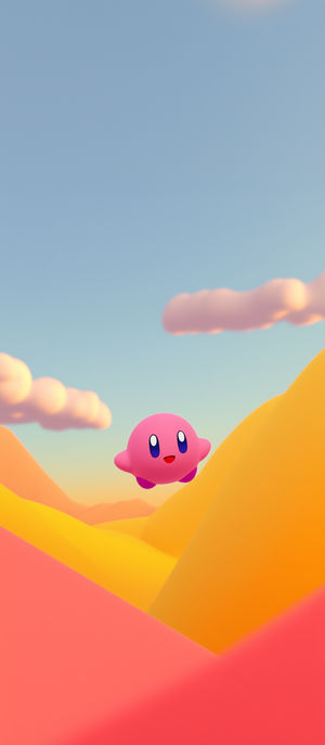 Pink Kirby floating over pastel yellow and orange desert hills under a soft blue sky with pink clouds