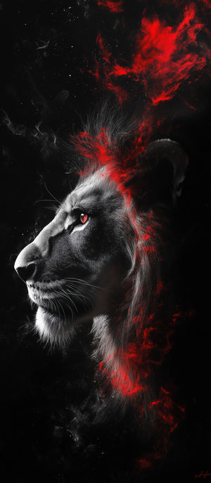 Side profile digital art of a lion’s head with fiery red particles swirling around on black background.