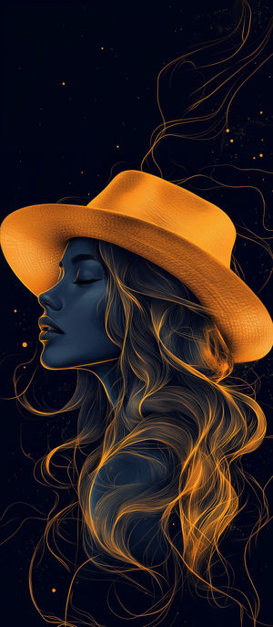 Digital art of a woman's side profile in dark blue with flowing golden lines and a wide-brimmed hat on a black background.