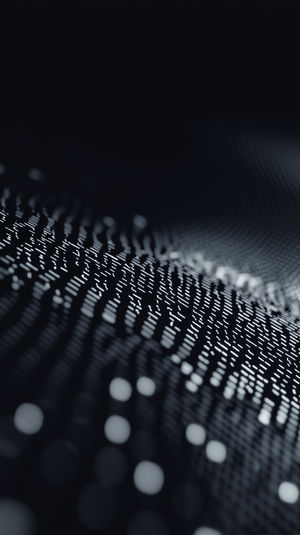 Close-up view of an abstract digital waveform made of glowing white data dots and lines over a dark background.