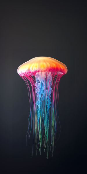 A vibrant neon jellyfish with a glowing orange bell and multicolored bioluminescent tentacles floating against a dark blue background