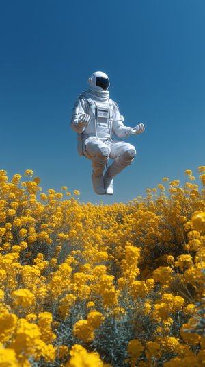 Astronaut Floating Over Wildflowers
