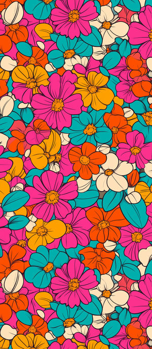 Seamless vibrant floral pattern featuring stylized pink, teal, orange, and cream flowers packed in pop-art style.