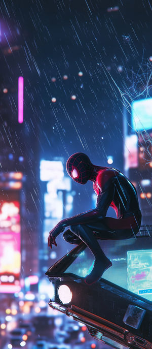 Miles Morales in the Rain - Premium iPhone Lock Screen Wallpaper