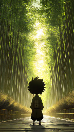 Silhouette of an anime figure standing on a wooden path through a towering bamboo forest lit by rays of sunlight.