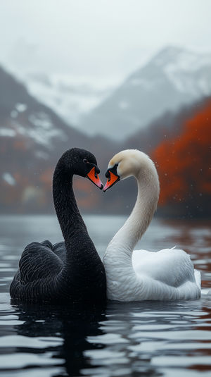 Black and white swans on a mountain lake form a heart shape, set against autumn foliage and snowy peaks.