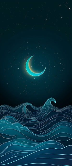 Digital art featuring glowing turquoise neon lines forming ocean waves under a luminous crescent moon in a dark starry sky.