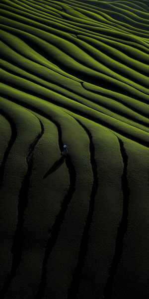 Aerial view of lush green terraced tea fields forming undulating waves with a worker in a blue hat walking along a ridge