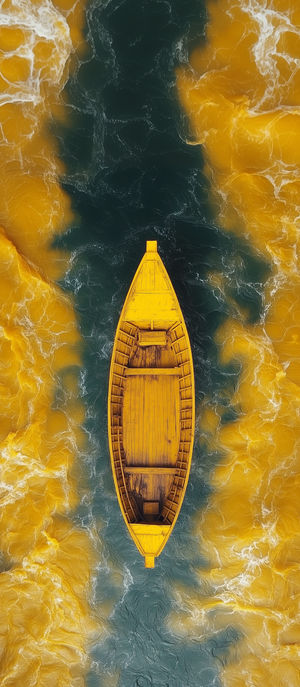 Aerial view of a yellow wooden boat floating on dark teal water surrounded by swirling golden foam patterns.