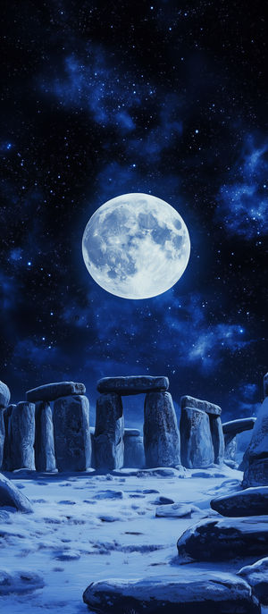 Full moon shining over ancient Stonehenge stones in a snowy field beneath a starry blue night sky