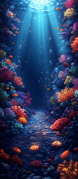 Sunlit underwater coral reef with vibrant corals, clownfish swimming and bubbles rising.
