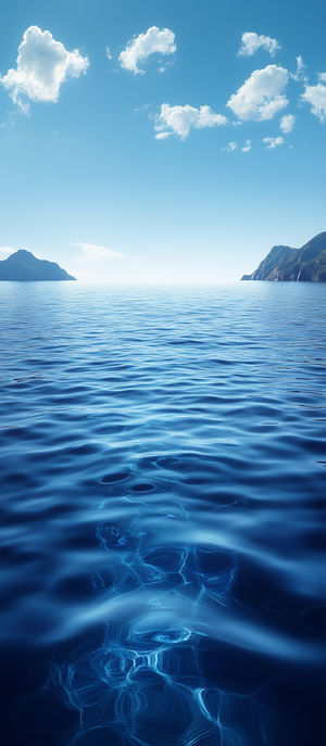 Wide view of a calm blue ocean horizon with gentle waves, distant rocky islands, and scattered white clouds overhead.