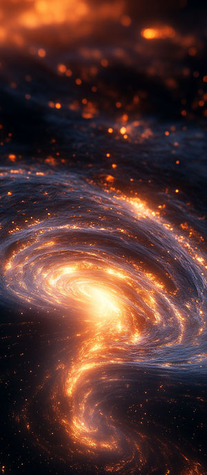 A 4K resolution abstract depiction of a glowing molten galaxy swirl with fiery orange sparks against a dark cosmic backdrop.
