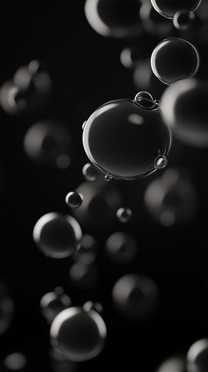 Floating transparent glass bubbles of varying sizes against a dark backdrop, creating a minimalist, surreal 3D abstract effect.