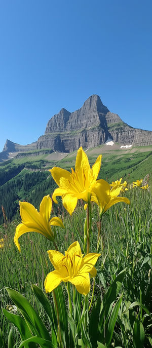 Close-up of bright yellow mountain lilies in a green alpine meadow with towering rocky peaks and a clear blue sky.