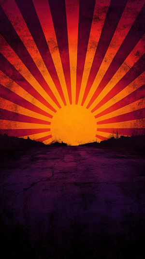 Retro sunburst sunrise with orange and red rays over a silhouetted horizon and cracked purple road beneath.