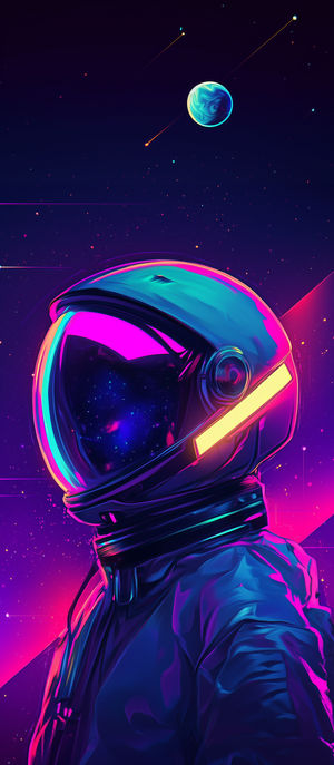 Profile view of a neon-lit astronaut helmet reflecting a vibrant cosmic galaxy with stars and meteors in deep purple space.