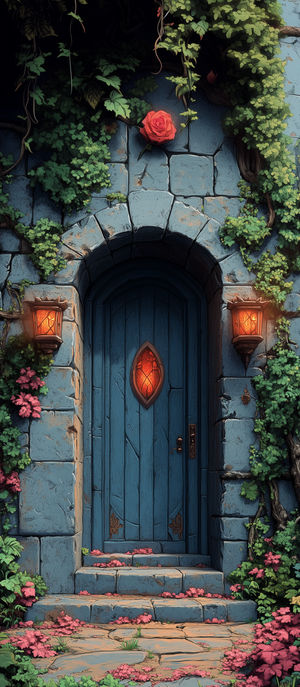 A mysterious blue arched garden door set in ancient stone walls, surrounded by ivy, roses, lanterns and pink blooms