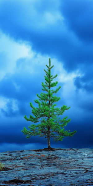 A solitary pine tree rises from a rocky landscape under vibrant blue clouds, creating a serene minimalist nature scene.