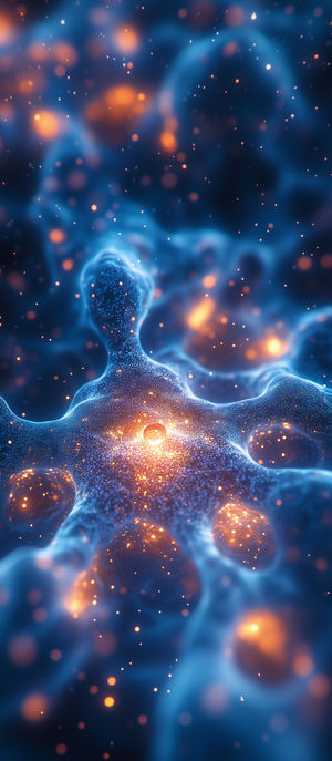 Close-up of a glowing neural network structure with particle effects in blue and orange on a dark abstract background.