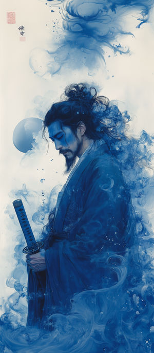 A blue-toned samurai warrior in flowing robes holds a katana amid swirling ink-wash smoke and a pale moon backdrop.