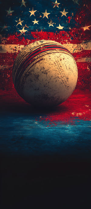 A textured baseball in front of a distressed American flag background with red, white, and blue paint splashes