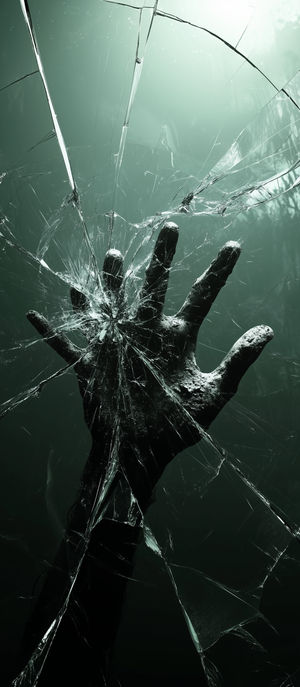 A decaying zombie hand pressing against shattered glass illuminated by greenish light.