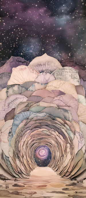 A layered paper art tunnel of pastel-hued petal-like shapes opening to a swirling galaxy under a starry night sky.