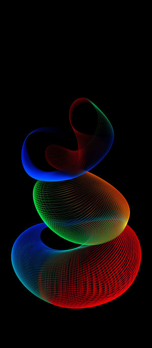 Vibrant RGB wireframe spiral loops intertwining on a black background forming an abstract colorful digital artwork.