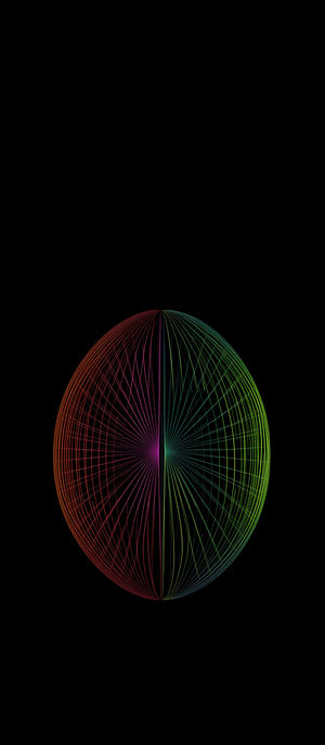 Digital abstract wireframe sphere on black background featuring symmetrical red-to-green gradient lines creating a geometric design.