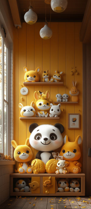 Wooden shelving unit filled with a smiling panda plush and yellow bunny and fox stuffed toys in a cozy room.