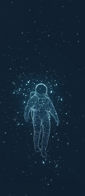 Neon outline of an astronaut floating against a dark starry space background with glowing particles surrounding the figure.
