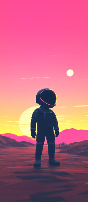 Silhouette of an astronaut on an alien desert plain under glowing pink and yellow sunset sky with two suns.