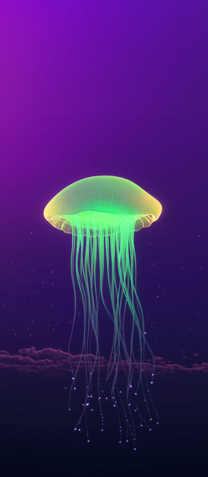A luminous neon green and yellow jellyfish floats in a deep purple background with glowing tentacles and tiny stars.