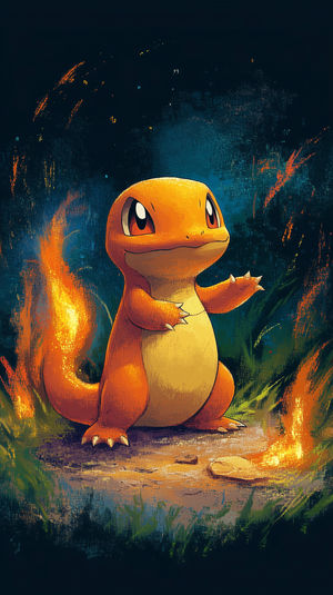 Digital painting of Charmander standing in a dark forest clearing, surrounded by glowing flames and embers.