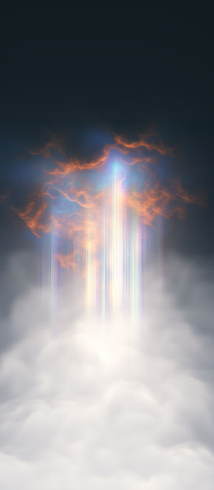 Abstract digital art of glowing orange and blue clouds with vertical light beams cascading down into misty white clouds