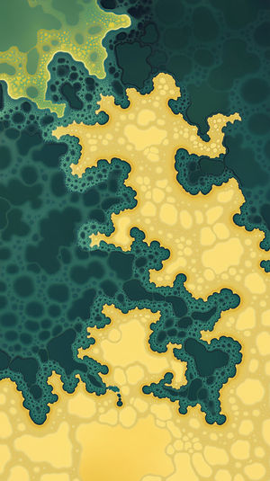 Close-up of intricate fractal design in gold and green tones featuring organic cellular shapes and layered textures.