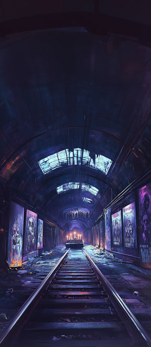 Digital painting of an eerie underground tunnel with train tracks, glowing neon posters, and candles on a shrine.