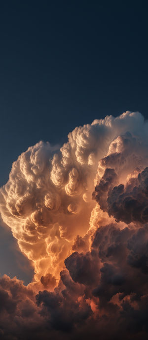 A towering cumulonimbus storm cloud illuminated by fiery orange sunset light against a deep blue sky