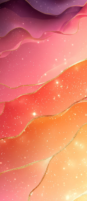 Abstract wallpaper featuring layered pink, orange, and purple waves outlined in gold with sparkling glitter particles.