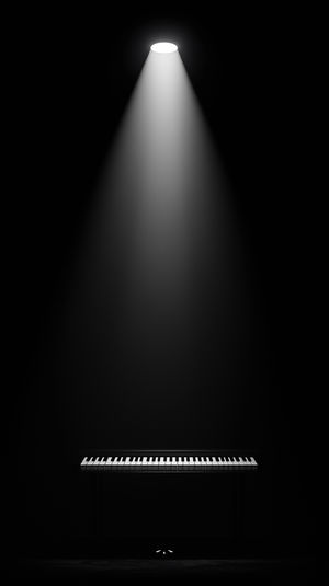 A minimalist black room with a piano keyboard on a stand, illuminated by a single overhead spotlight.