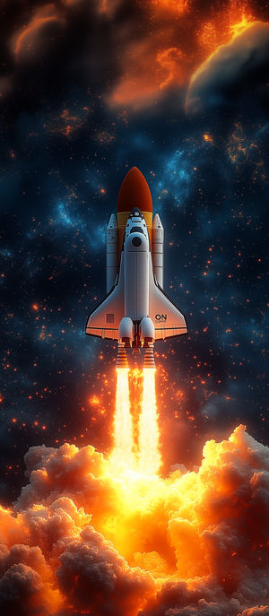 A space shuttle rocket launch blasting off through fiery orange clouds into a star-filled cosmic background.