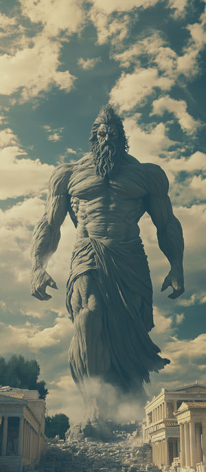A towering stone colossus statue with glowing eyes looms over ancient Greek ruins under a cloudy sky