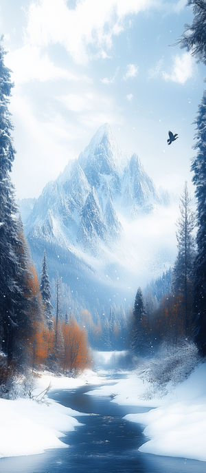Snowy mountain valley with a flowing stream winding through frost-covered pine trees and orange bushes under a clear blue sky, a bird in flight.