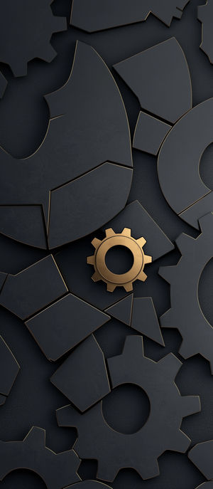 High-resolution abstract wallpaper depicting interlocking dark matte mechanical gears on textured black surface with one golden gear.