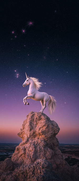 A majestic white unicorn stands on a rugged rock spire against a purple-pink twilight sky studded with glowing stars